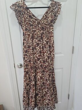 Smocked V-Neck Brown Floral Maxi Dress